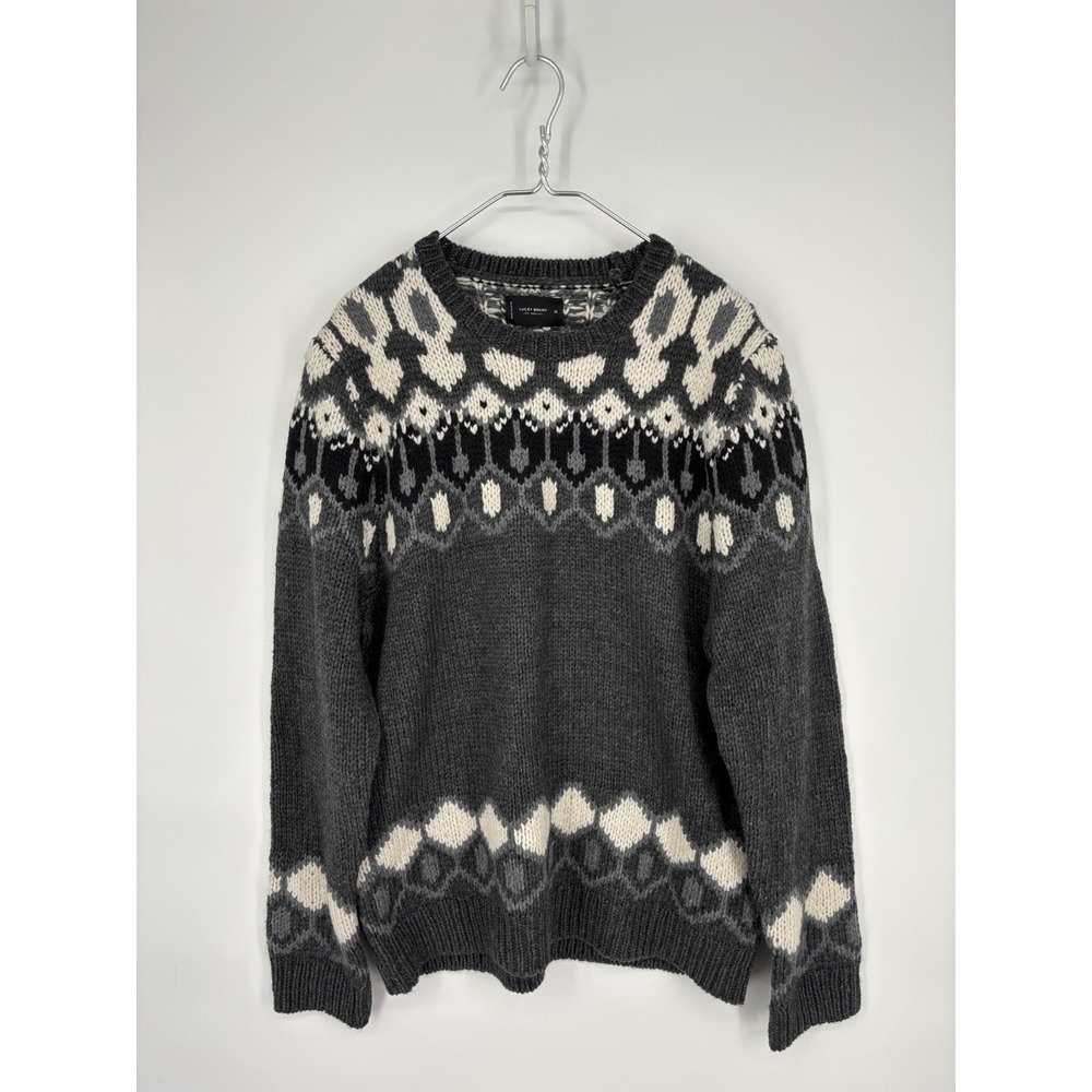 Lucky Brand Sweater Mens XL Gray Fair Isle Crewneck Wool Blend Pullover
